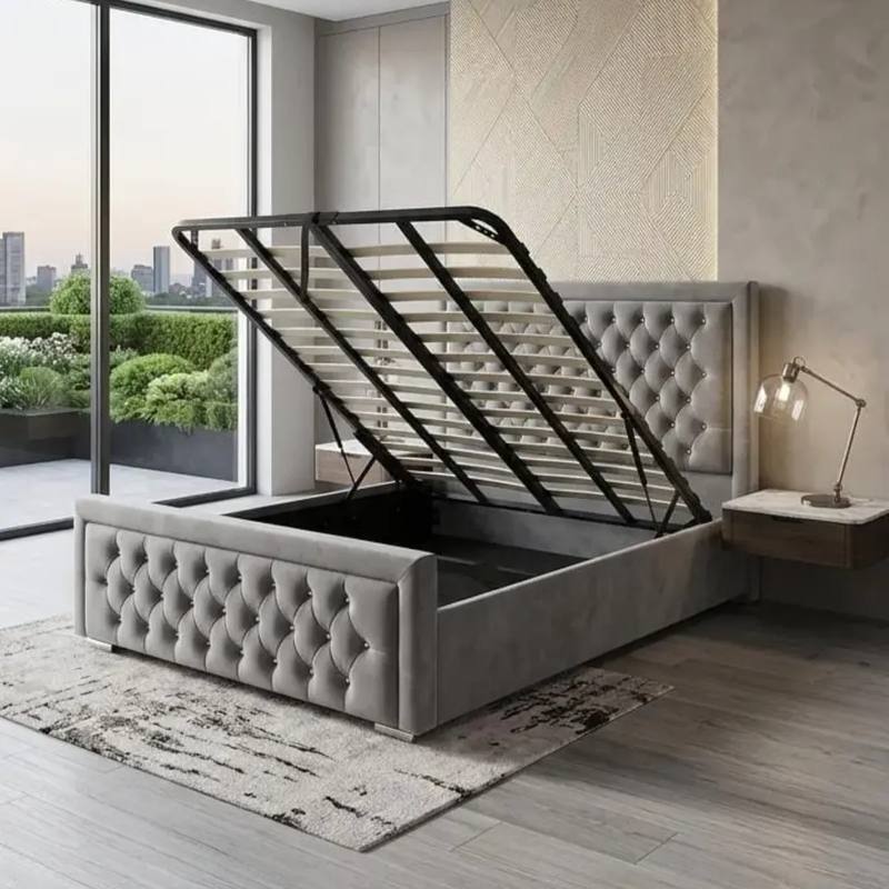 Hilton Grey Velvet Double Ottoman Bed — product photo