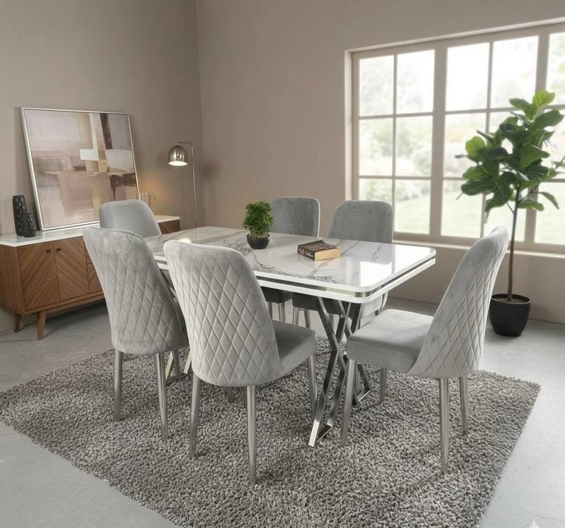 Calcutta Grey Marble Dining Table Set with 6 Chairs — product photo