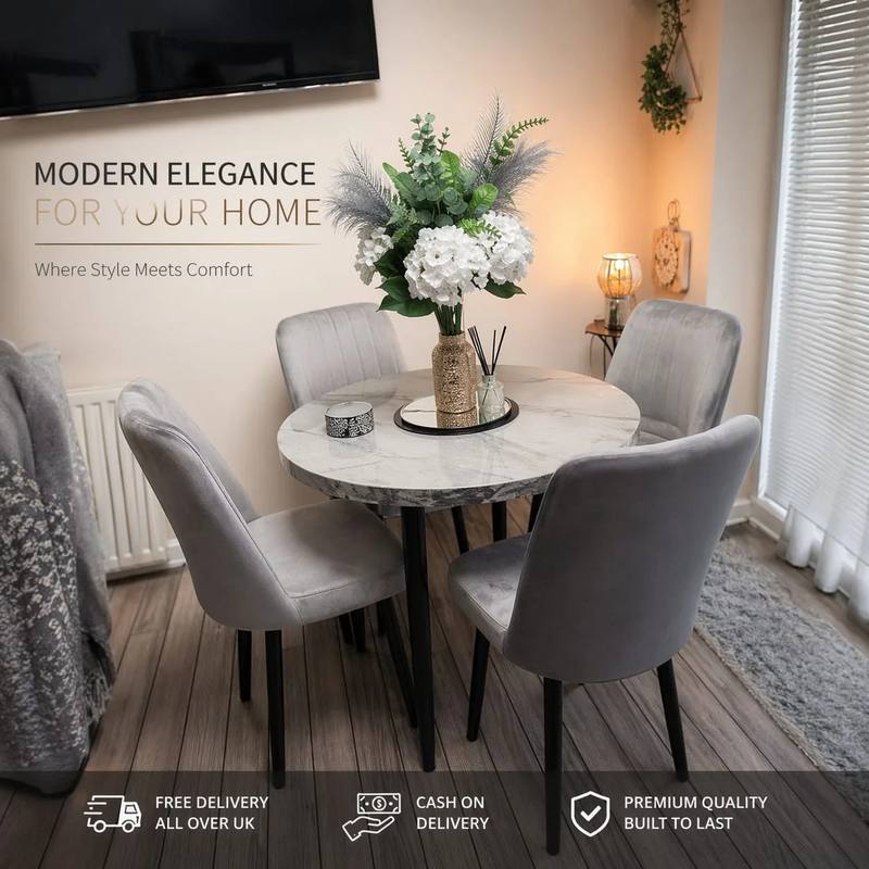 Round Marble Dining Table Set with 4 Grey Velvet Chairs — product photo
