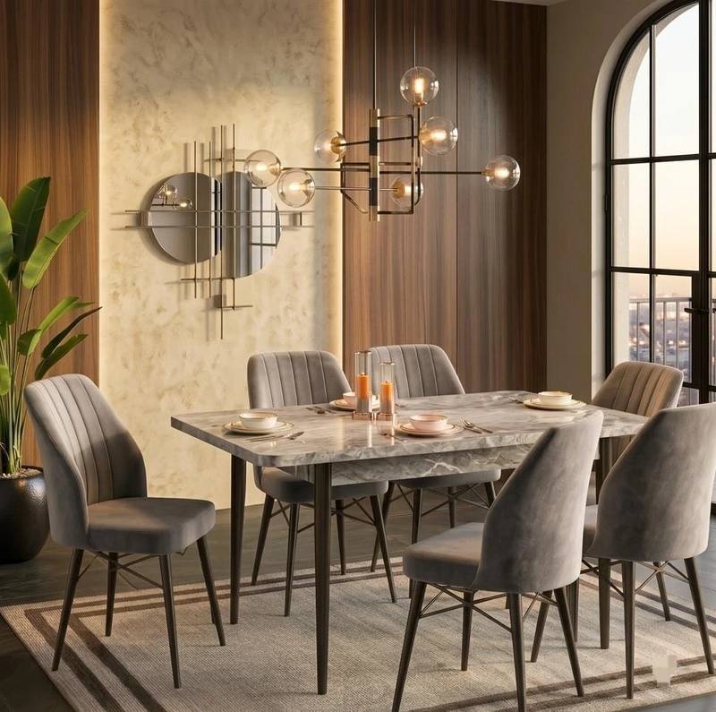 Luxury High Gloss Grey Dining Table with 6 Velvet Upholstered Chairs — product photo