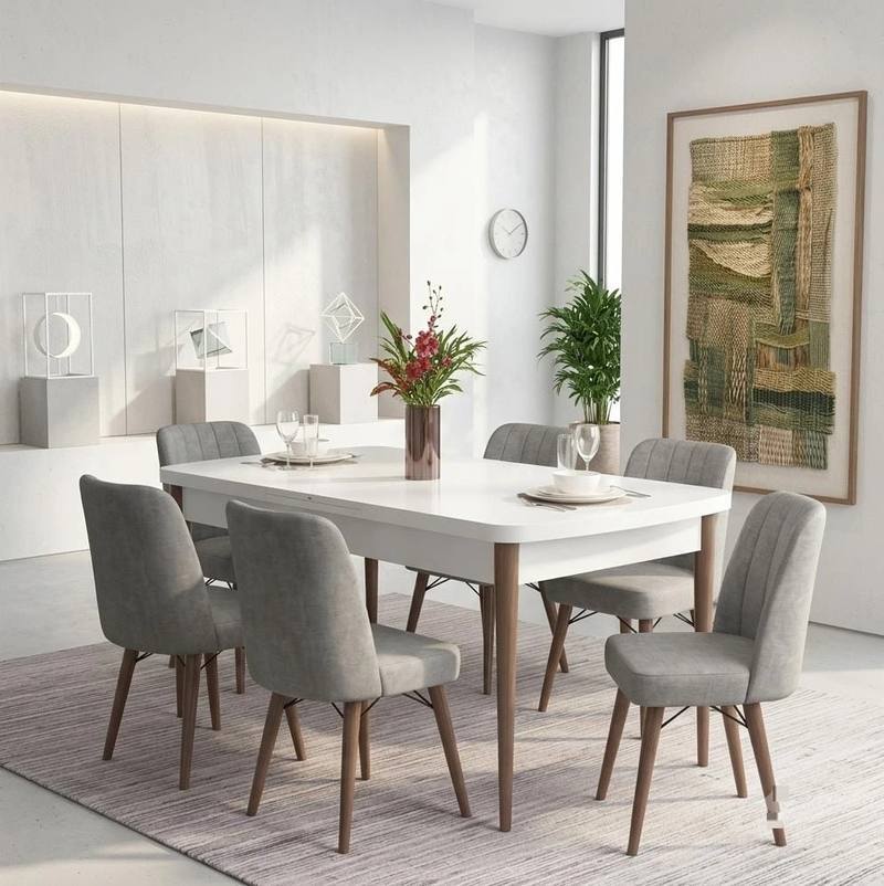 Scandinavian Style White Dining Table with 6 Grey Chairs — product photo