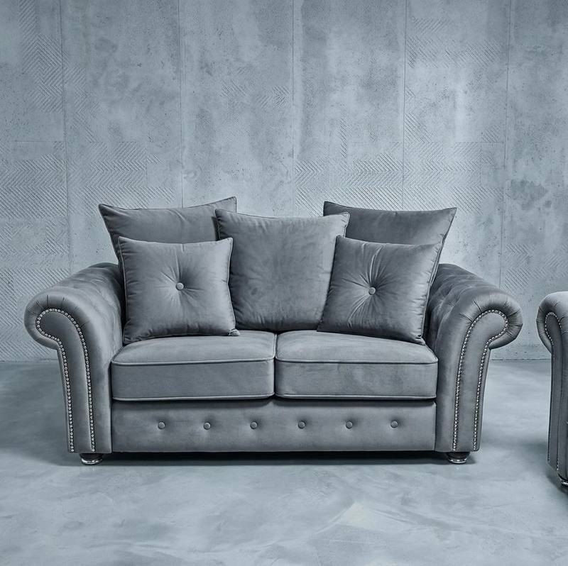 Olympia 2 Seater Sofa - Premium Grey Velvet with Studded Detail — product photo