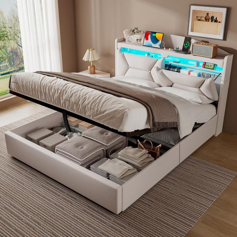 ZUUYEE Double Ottoman Bed with LED and USB-C — Beige Linen — product photo
